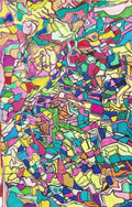 A vibrant abstract art print featuring a dense, colourful mosaic pattern of hand-drawn geometric shapes and lines in pink, yellow, green, blue, orange, and purple.