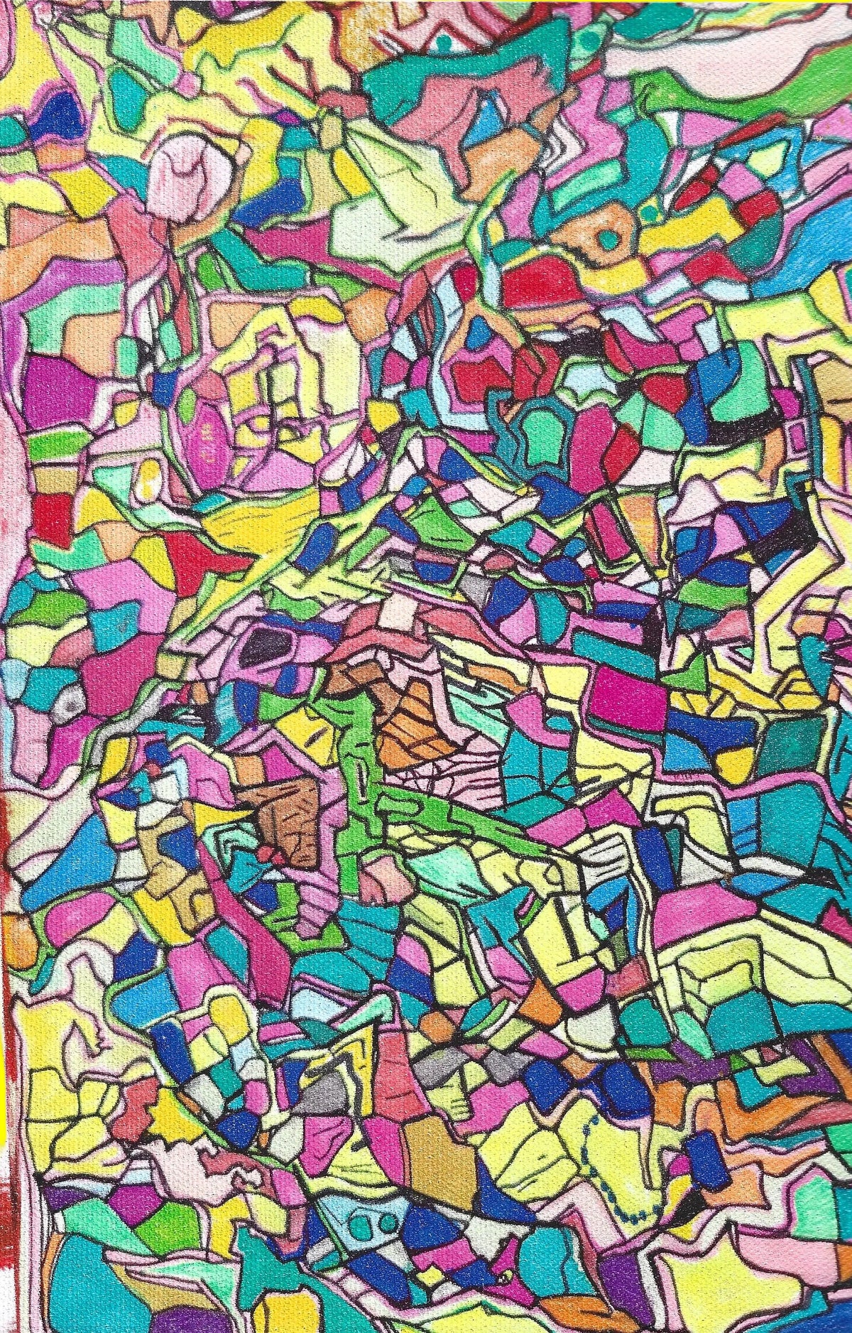 A vibrant abstract art print featuring a dense, colourful mosaic pattern of hand-drawn geometric shapes and lines in pink, yellow, green, blue, orange, and purple.