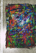 An abstract expressionist painting featuring a dense, energetic composition of colorful scribbles and gestural marks in red, blue, green, yellow, and purple on a textured light gray canvas.